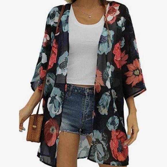 Casual Floral Print Loose Cover Up Kimono Cardigan Blouse Top Black - Picture 4 of 4